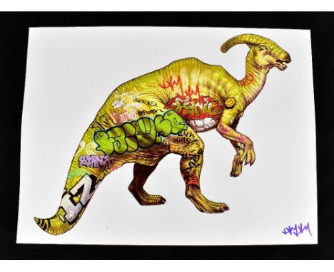 JAY JAY BURRIDGE (born 1971); a signed coloured print, 'Graffiti Dinosaur', 45.75 x 61cm, unframed.