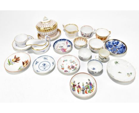 A collection of late 18th/early 19th century porcelain including a Coalport sucrier cover and stand, various saucers, Derby j