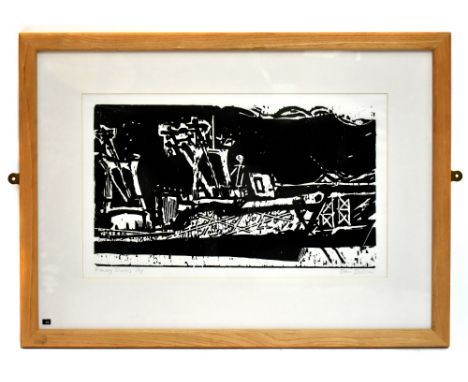 STANLEY DOBBIN (1932-2021); artist proof woodcut, “Fowey Docks”, signed and titled in pencil, 28cm x 48cm, framed and glazed.