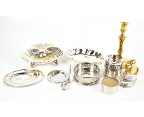 A small quantity of assorted silver plate including a Shanghai Tang lidded jar, a bottle stand, also a small quantity of meta