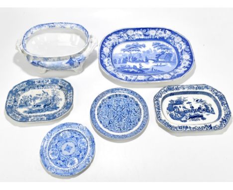 Six pieces of 19th century blue and white including a twin handled tureen decorated with figures in landscape, width 36cm, a 
