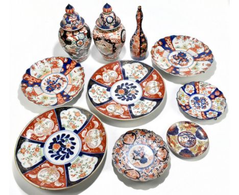 A collection of 20th century Chinese and Japanese Imari, including a pair of temple jars and covers, height 33cm, etc also a 