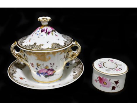 CHAMBERLAIN'S WORCESTER; a 19th century twin handled chocolate cup, cover and stand, hand painted with floral detail and gilt
