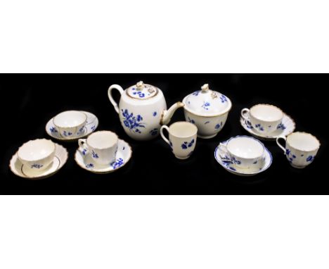 WORCESTER; eleven pieces of 18th century porcelain decorated in similar patterns, including a teapot and cover, a sucrier and