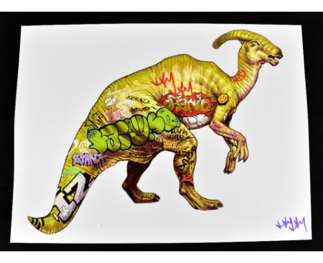 JAY JAY BURRIDGE (born 1971); a signed coloured print, 'Graffiti Dinosaur', 45.75 x 61cm, unframed.