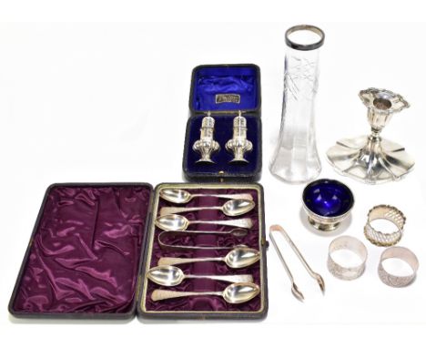 G L; a cased set of six Victorian hallmarked silver teaspoons and matching sugar tongs with bright cut floral detail, Birming