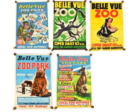 BELLE VUE ZOO; five vintage posters comprising one decorated with a hippopotamus, one titled 'Zoo Park' and decorated with th