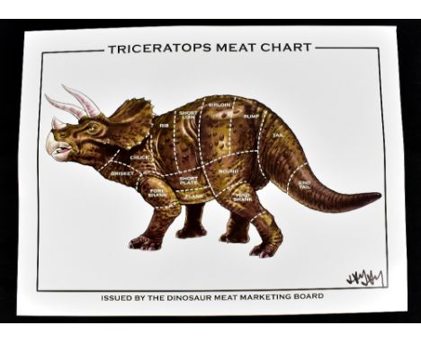 JAY JAY BURRIDGE (born 1971); a signed coloured print, 'Triceratops Meat Chart', 45.5 x 61cm, unframed.