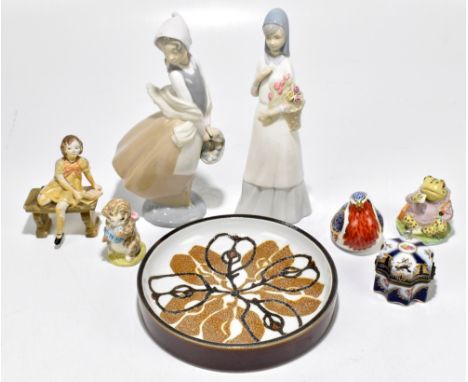 BESWICK; two Beatrix Potter figures comprising 'Mr Jeremy Fisher' and 'Miss Moppet', together with a Royal Crown Derby animal