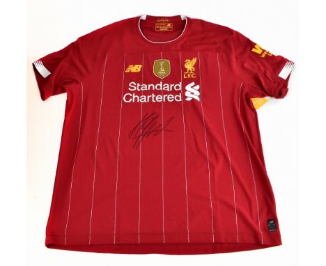 JURGEN KLOPP; a Liverpool Premier League 2019 home shirt, signed to the front, size 2XL.Additional InformationCreasing and li
