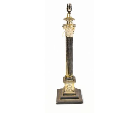 A silver plated Corinthian column lamp, on stepped square base, height 59cm.Additional InformationTwo-tone colour to the plat