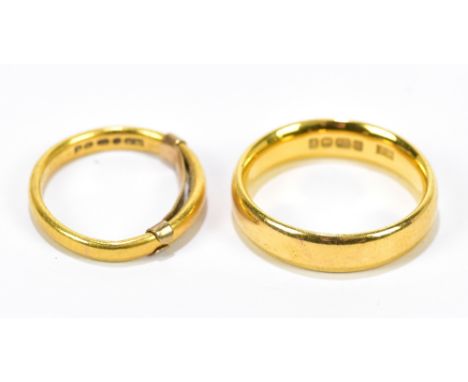 A 22ct yellow gold wedding band, size K, and a further 22ct yellow gold wedding band size D 1/2, combined 8.7g.Additional Inf