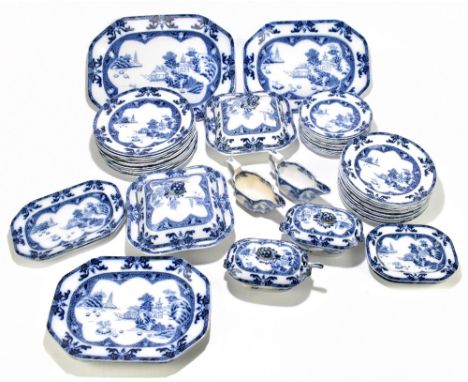 COPELAND SPODE; a landscape pattern blue and white transfer printed fifty five piece part dinner service.