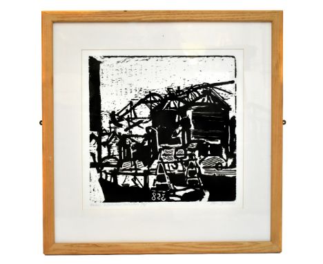 STANLEY DOBBIN (1932-2021); artist proof woodcut, “Harbour Instillations Garlieston”, signed and titled in pencil, 42cm x 40x