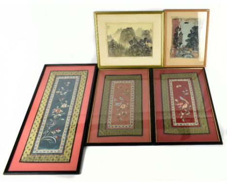 Two sections of Chinese embroidered silk, framed and glazed, each approx 42 x 24cm, a page from a Japanese book and a framed 