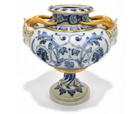 COPELAND; a Spode Florentine twin handled pedestal urn vase with relief moulded detail and mask head handles, height 19cm.Add