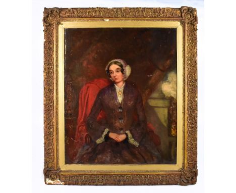 19TH CENTURY ENGLISH SCHOOL; oil on canvas, portrait study of a seated woman wearing a bonnet, unsigned, 58 x 48cm, framed.Ad