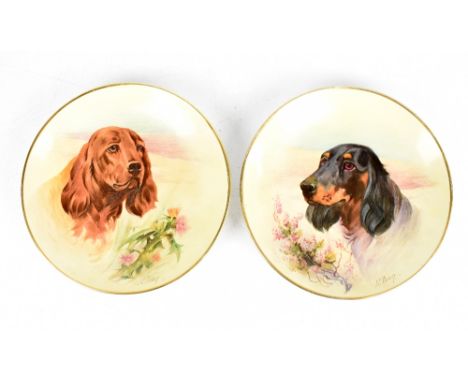 J E DEAN; a pair of hand painted plates, each decorated with a Setter, signed, diameter 21.5cm (2).Additional InformationLigh