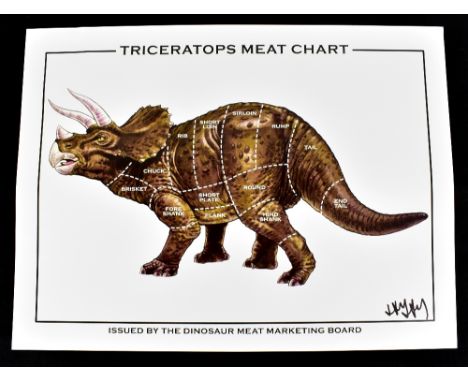 JAY JAY BURRIDGE (born 1971); a signed coloured print, 'Triceratops Meat Chart', 45.5 x 61cm, unframed.