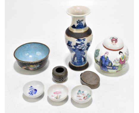 An early 20th century Chinese blue and white crackle glazed vase with flared neck, decorated with birds, height 20cm, togethe
