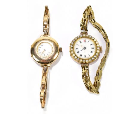 Two lady's 15ct yellow gold wristwatches, the first example set with seed pearls to the bezel, the enamelled dial set with Ro