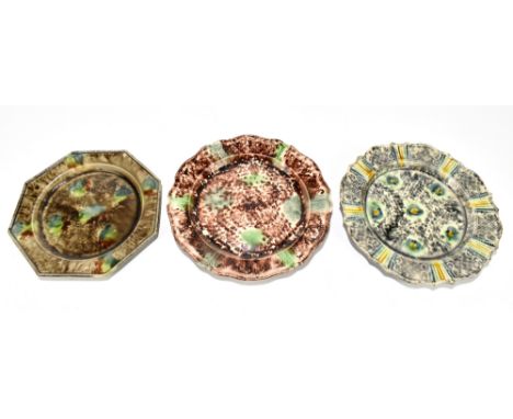 WHIELDON WARE; three tortoiseshell plates including an octagonal example and example with relief moulded detail, diameter of 