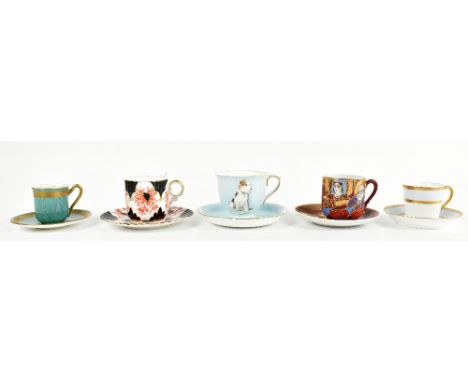 A collection of five tea cups and saucers including a Foley Wileman &amp; Co example, a Shelley example decorated with a dog 