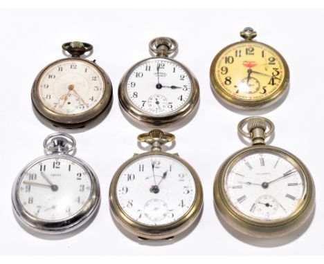 Six base metal and chrome pocket watches including a crown wind Waltham example, a railway example with embossed train to the