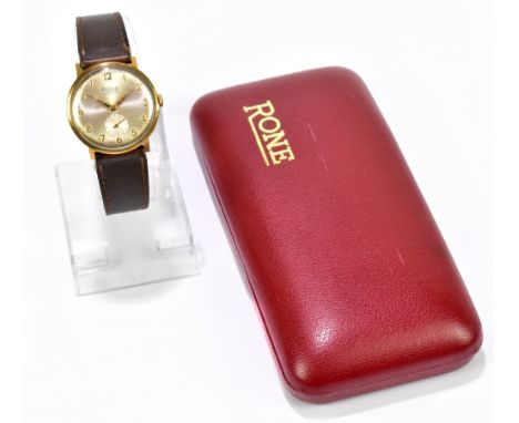RONE; a gentleman's yellow metal cased wristwatch the silver dial set with Arabic numerals and subsidiary seconds dial, diame