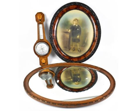 An oak wall mirror, framed photograph and a barometer (3).
