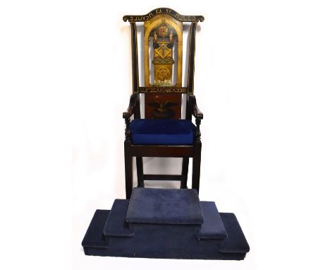 MASONIC INTEREST; a large mid-19th century painted and stained Masonic elbow chair, 'The Worshipful Master's chair', the shap