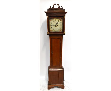 An early 19th century eight day longcase clock with painted dial set with Arabic numerals, with subsidiary dials, in an oak c