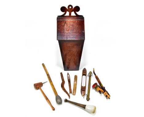 An 18th century oak candle box, height 48cm, together with further treen, various collectors' items including a set of balanc