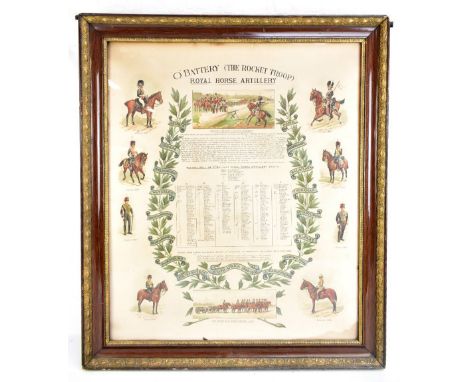 'O' BATTERY (THE ROCKET TROOP) ROYAL HORSE ARTILLERY; a coloured print featuring depictions of Rocket Practice on the Marshes