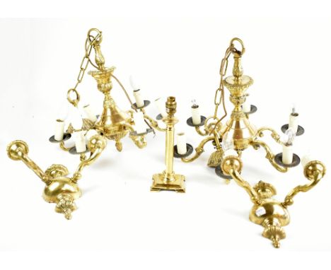 A pair of good quality brass six branch ceiling lights with cast floral detail, together with a pair of similar brass wall li