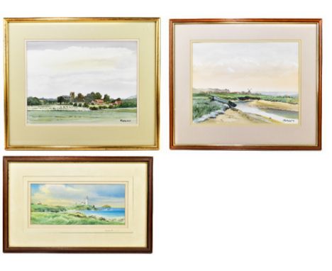 J. RATCLIFFE; two watercolours including a coastal scene with windmill in the background, 33 x 43cm, together with a print by