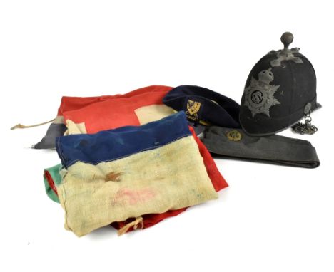 A vintage material Union Flag from a sailing vessel, together with a further flag, an RAF side cap and an officer's blue clot