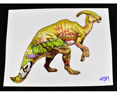 JAY JAY BURRIDGE (born 1971); a signed coloured print, 'Graffiti Dinosaur', 45.75 x 61cm, unframed.