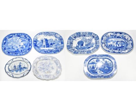 Six 19th century blue and white meat plates, various patterns including an example decorated with exotic birds and floral det