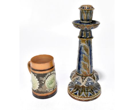 DOULTON LAMBETH; a 19th century Artware candlestick with incised and relief moulded detail, height 25cm, dated 1876 to the un