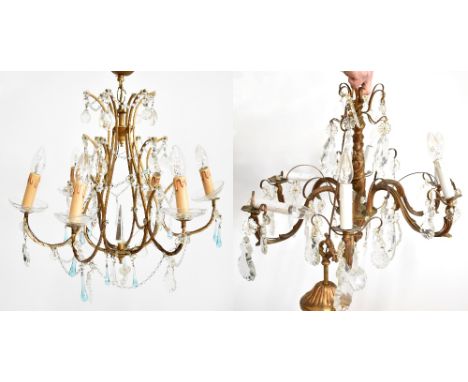 Two vintage gilt metal light fittings each with shaped cut glass drops, length of each approx 50cm.