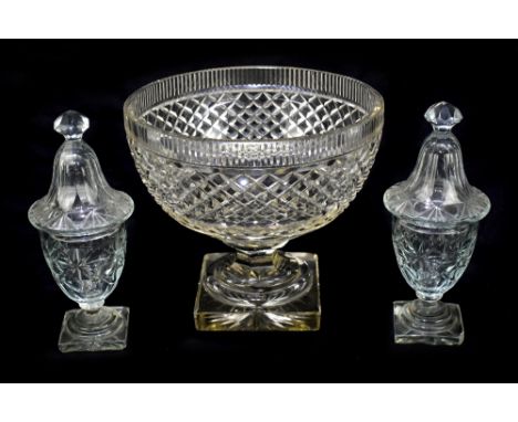 A 19th century cut glass pedestal sweetmeat bowl, height 21.5cm, together with a pair of late 19th century cut glass sweetmea