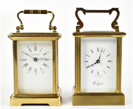 WOODFORD; a brass cased English carriage clock, the enamel dial set with Roman numerals, height including spring handle 15.5c