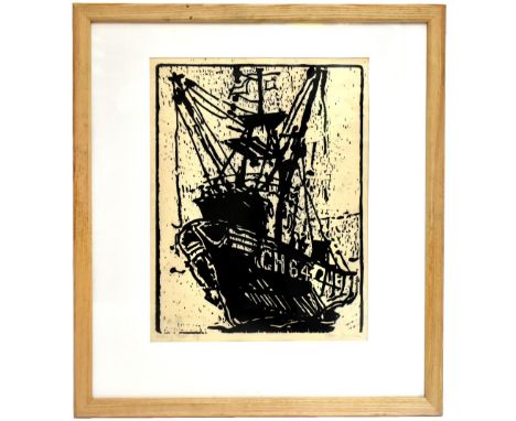 STANLEY DOBBIN (1932-2021); woodcut, “Fishing Boat”, signed and titled in pencil, 46cm x 35cm, framed and glazed.Provenance: 