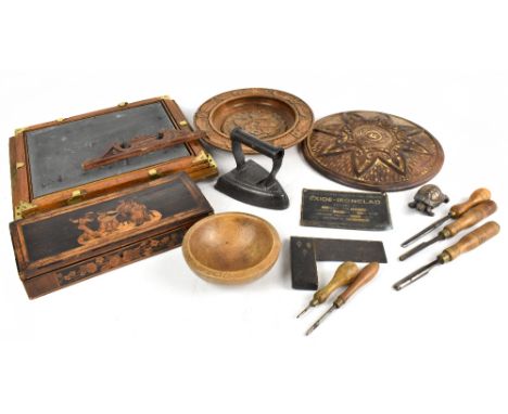A selection of 19th century and later treen including a Canadian butter box, an Italian marquetry inlaid glove box decorated 