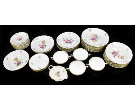 ROYAL COPENHAGEN; a forty piece part dinner service with printed floral decoration, pattern number 1526, also a similar leaf 