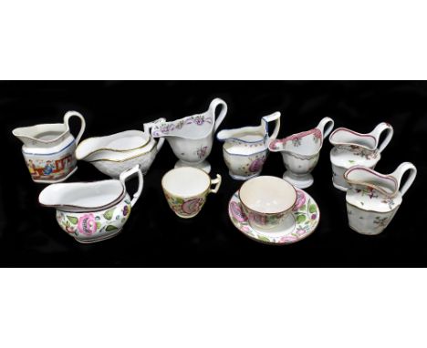 Eight late 18th/19th century cream jug/sauce boats, various manufacturers including Newhall, Spode, Rathbone, etc, also a mat