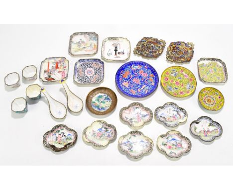 A collection of Chinese enamel ware including quadraform shaped dishes, square dishes, four cups and two champleve enamelled 