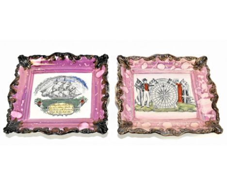 SUNDERLAND LUSTRE; two lustre wall plaques including an example decorated with a sailing vessel, inscribed 'May peace emphasi