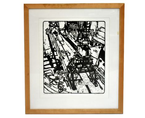 STANLEY DOBBIN (1932-2021); limited edition woodcut, “Falmouth Dockyard III”, signed, numbered 3/12 and titled in pencil, 57c